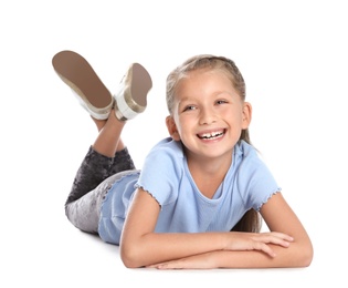 Portrait of adorable little girl on white background