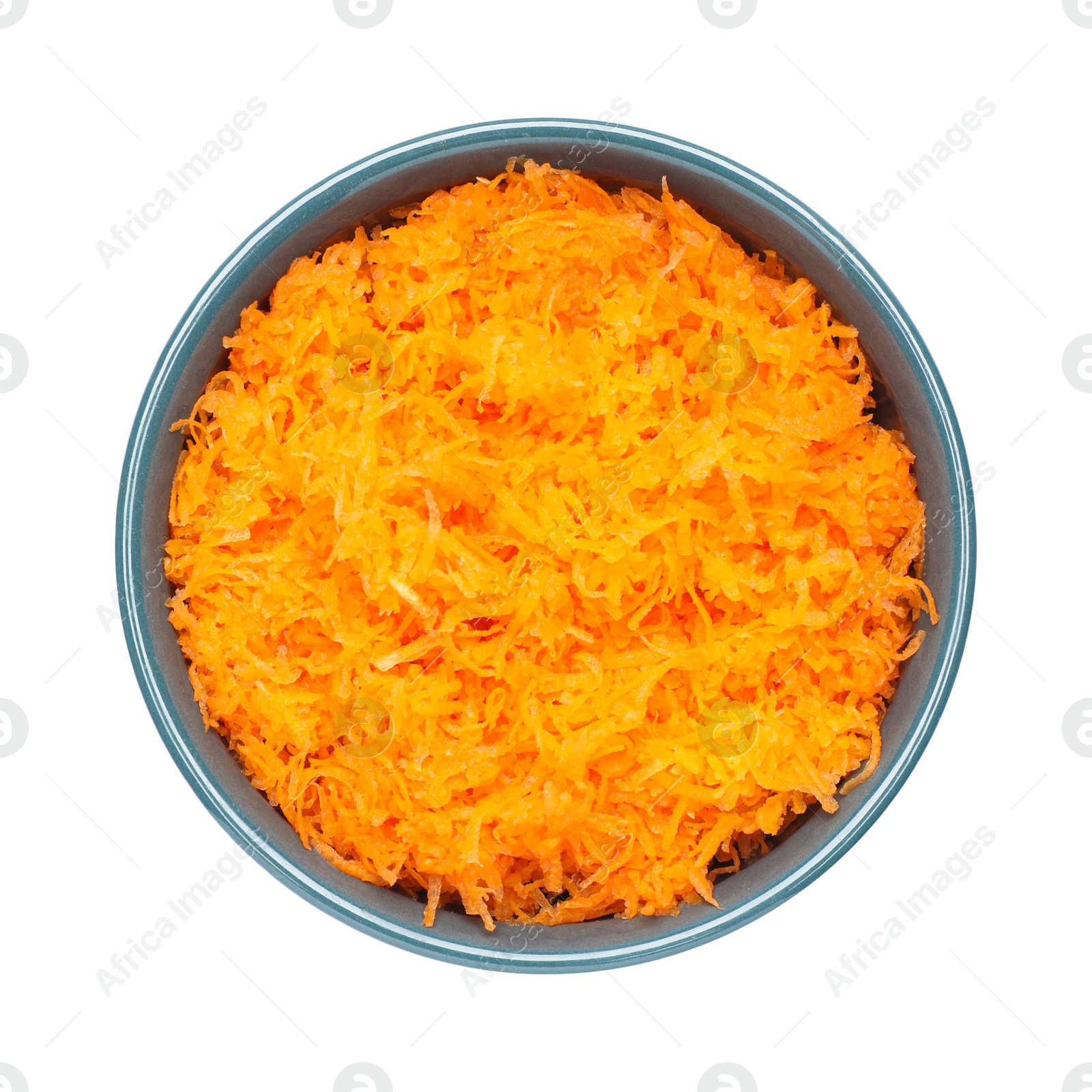 Photo of Fresh grated carrot in bowl isolated on white, top view