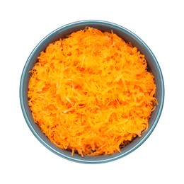 Fresh grated carrot in bowl isolated on white, top view