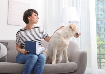 Photo of Adorable yellow labrador retriever with owner on couch indoors