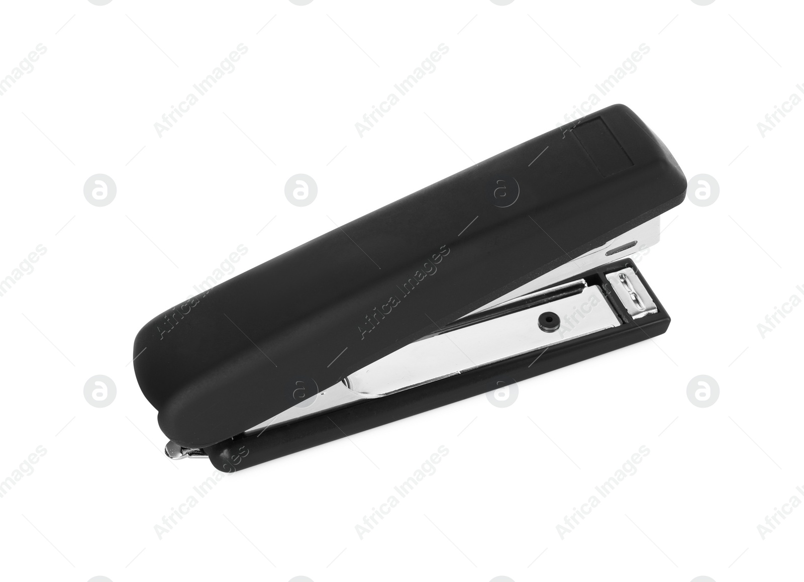 Photo of One new black stapler isolated on white