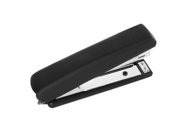 Photo of One new black stapler isolated on white