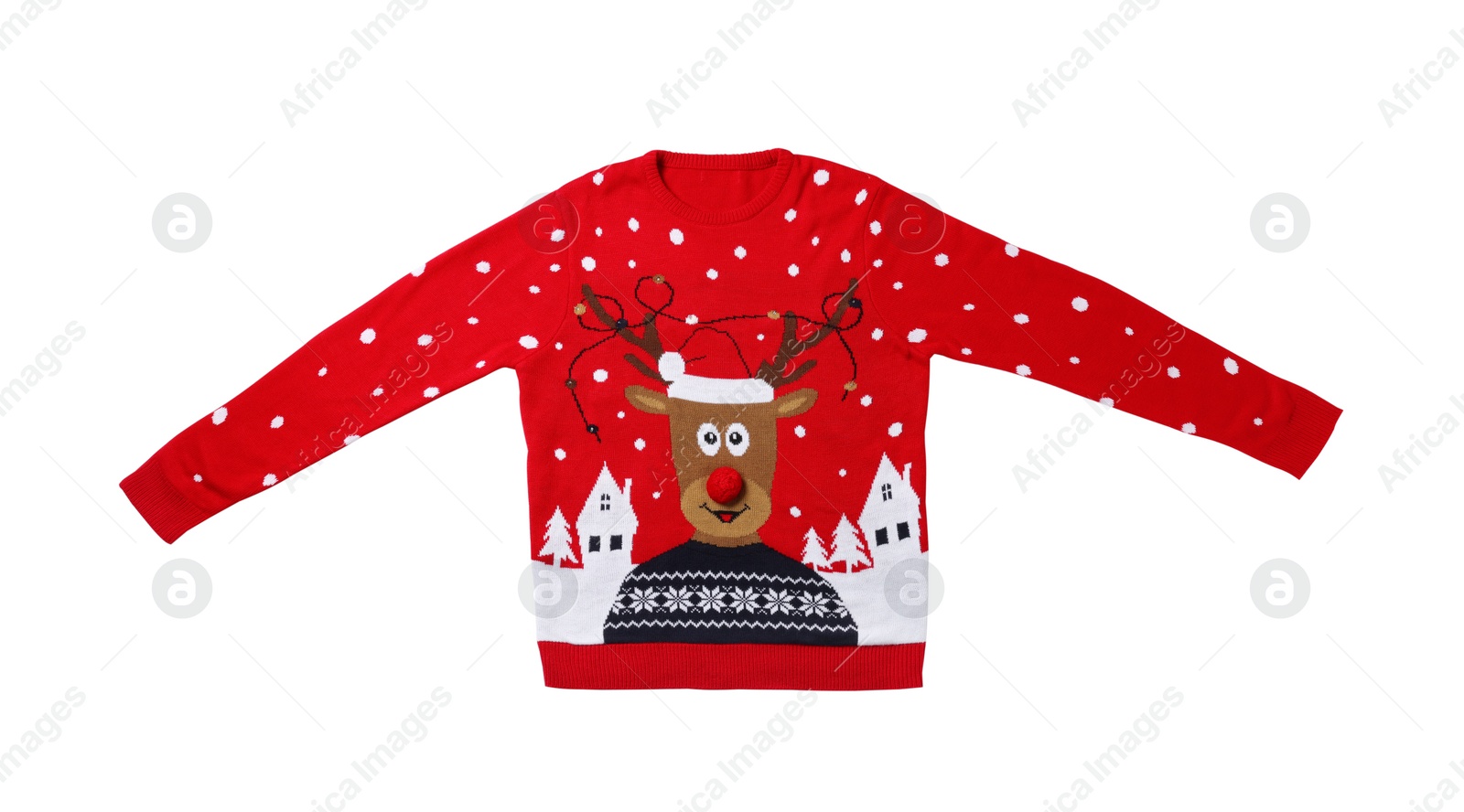 Photo of Red Christmas sweater with funny reindeer isolated on white, top view