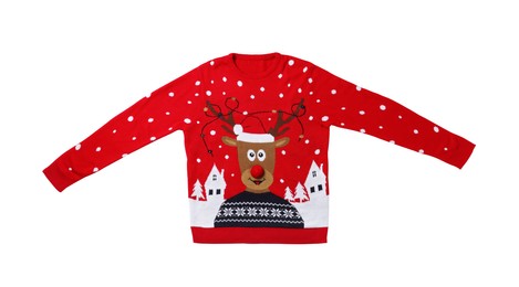 Red Christmas sweater with funny reindeer isolated on white, top view