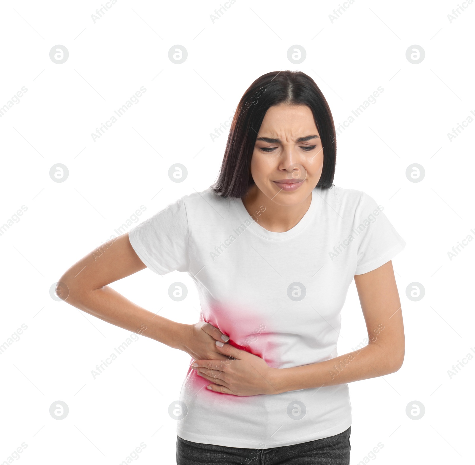 Photo of Woman suffering from liver pain on white background