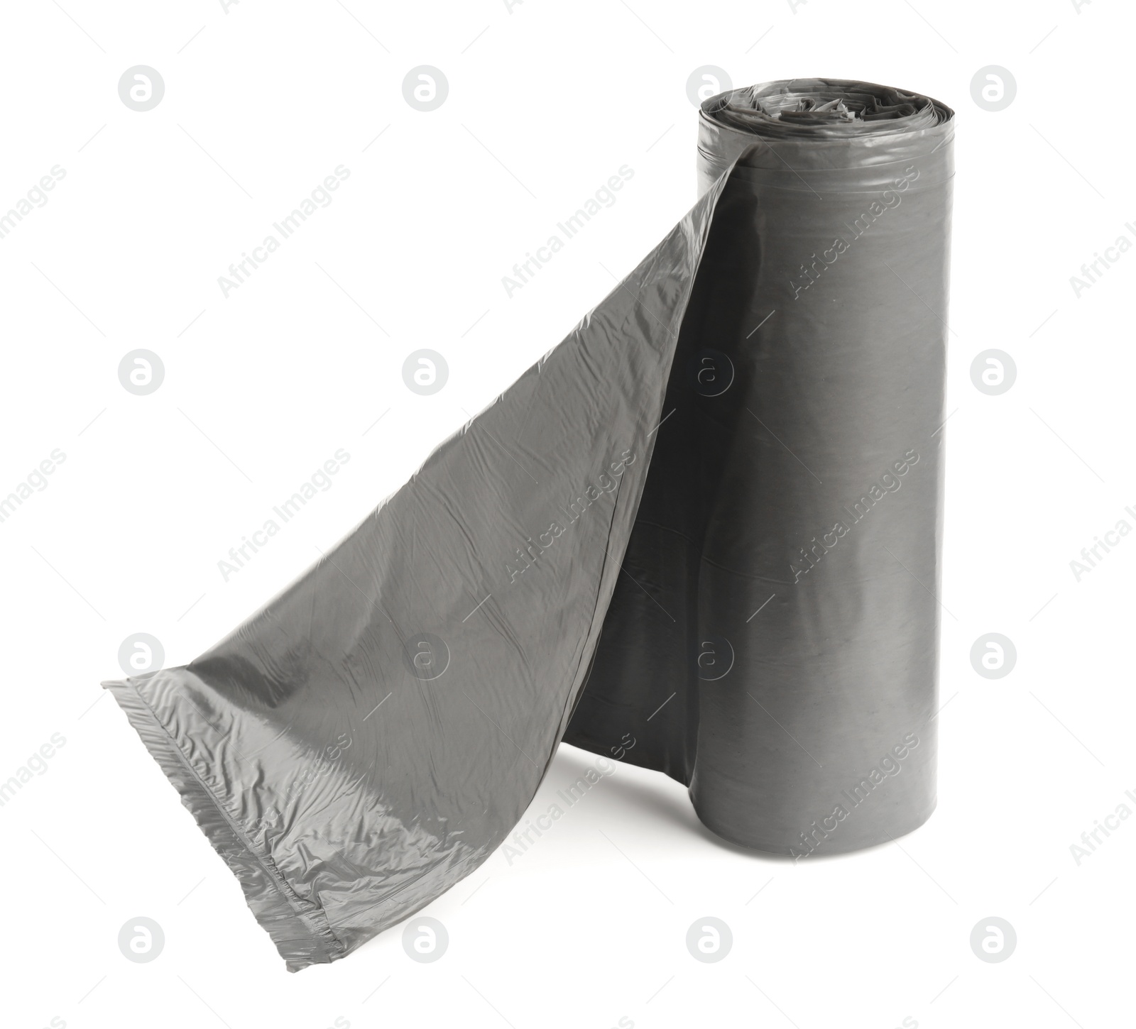 Photo of Roll of grey garbage bags on white background. Cleaning supplies