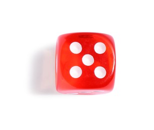 Photo of One red game dice isolated on white, top view