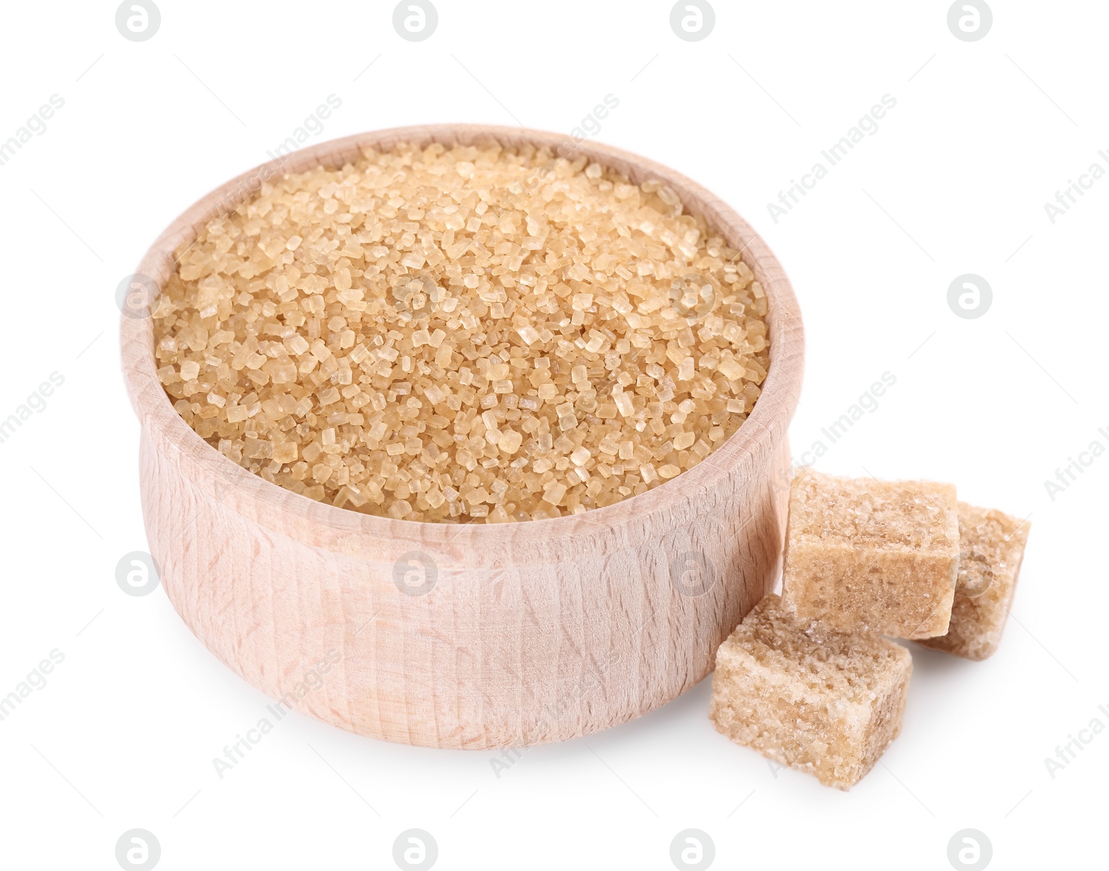 Photo of Different types of brown sugar and bowl isolated on white