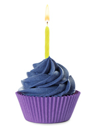 Delicious birthday cupcake with candle and dark blue cream isolated on white