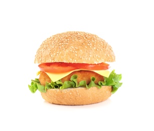 Photo of Tasty homemade burger with cheese on white background