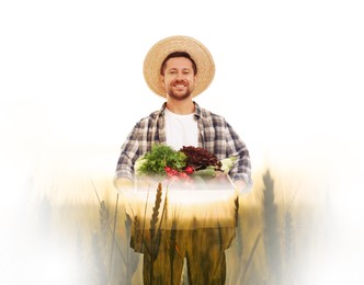 Image of Double exposure of farmer and wheat field on white background