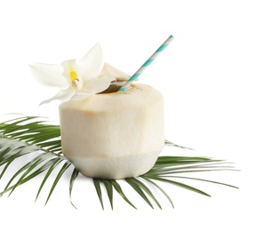 Fresh coconut drink in nut on white background