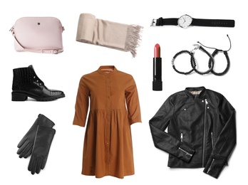 Stylish women's outfit. Collage with modern clothes, gloves and other accessories on white background