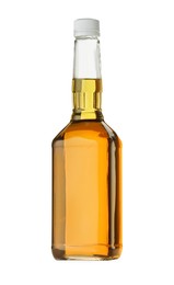 Photo of Whiskey in glass bottle isolated on white