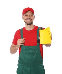 Photo of Man showing yellow container of motor oil on white background