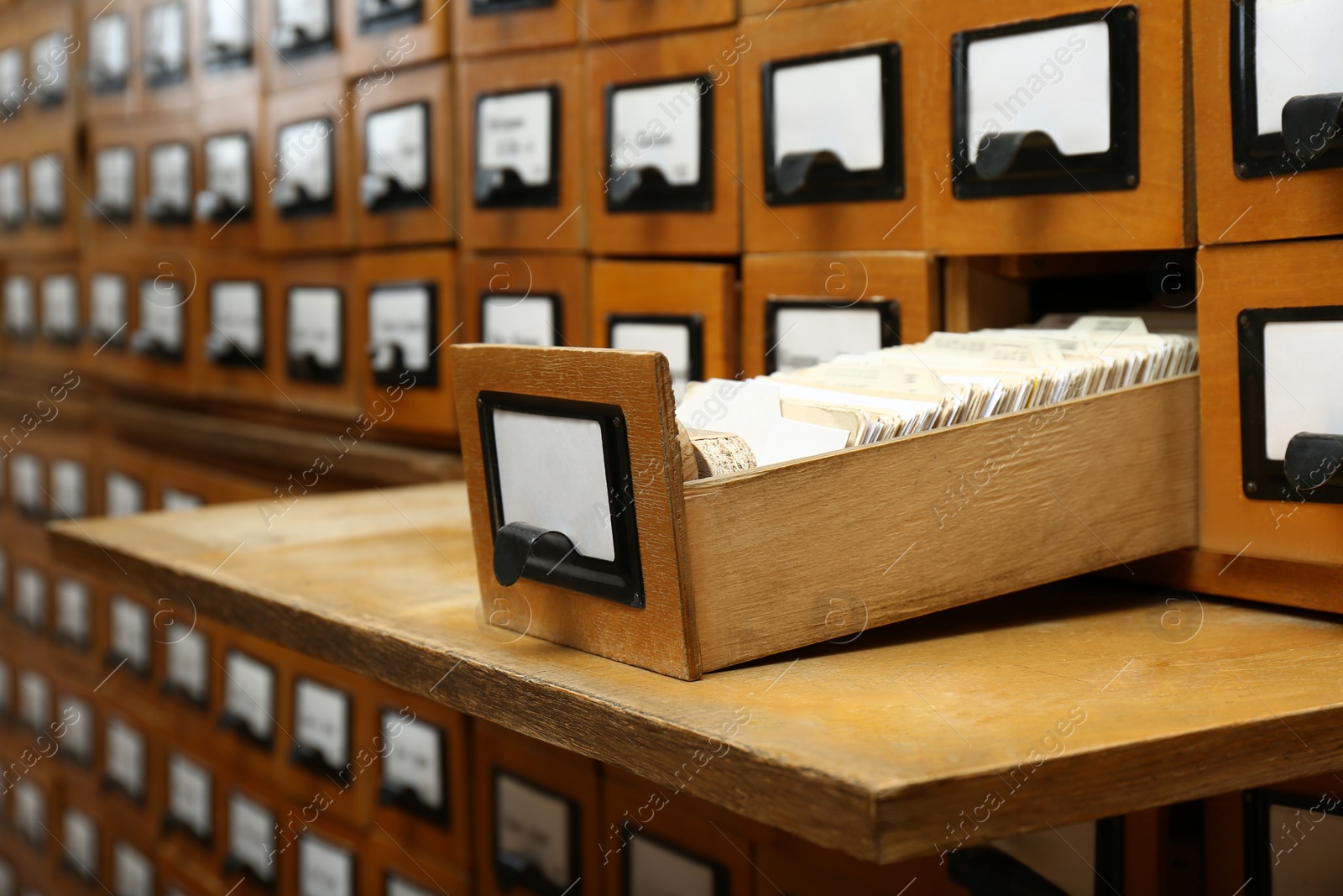 Photo of Closeup view of library card catalog drawers
