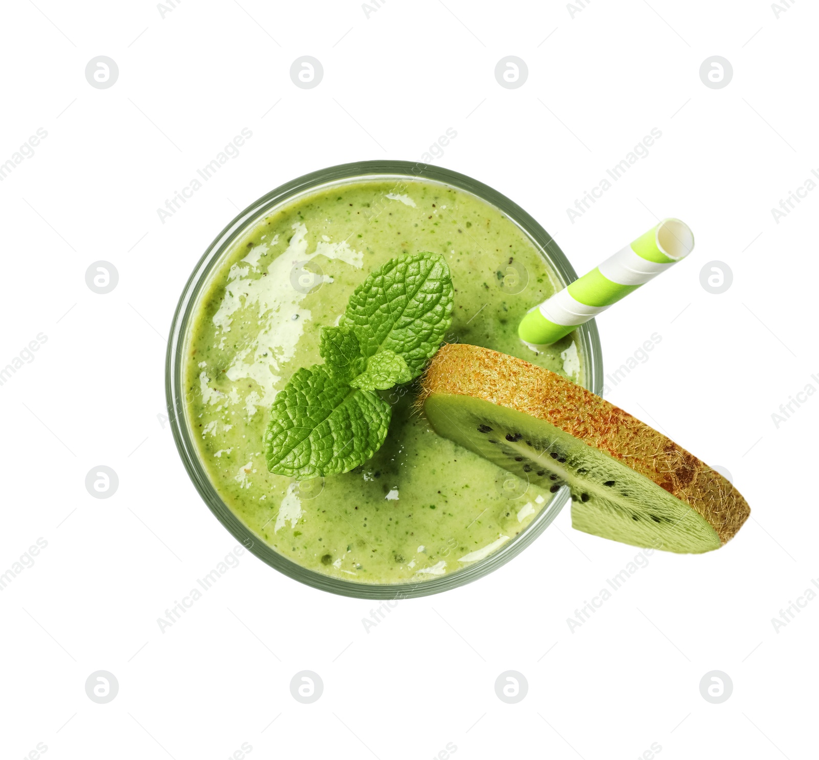 Photo of Glass of tasty kiwi smoothie isolated on white, top view