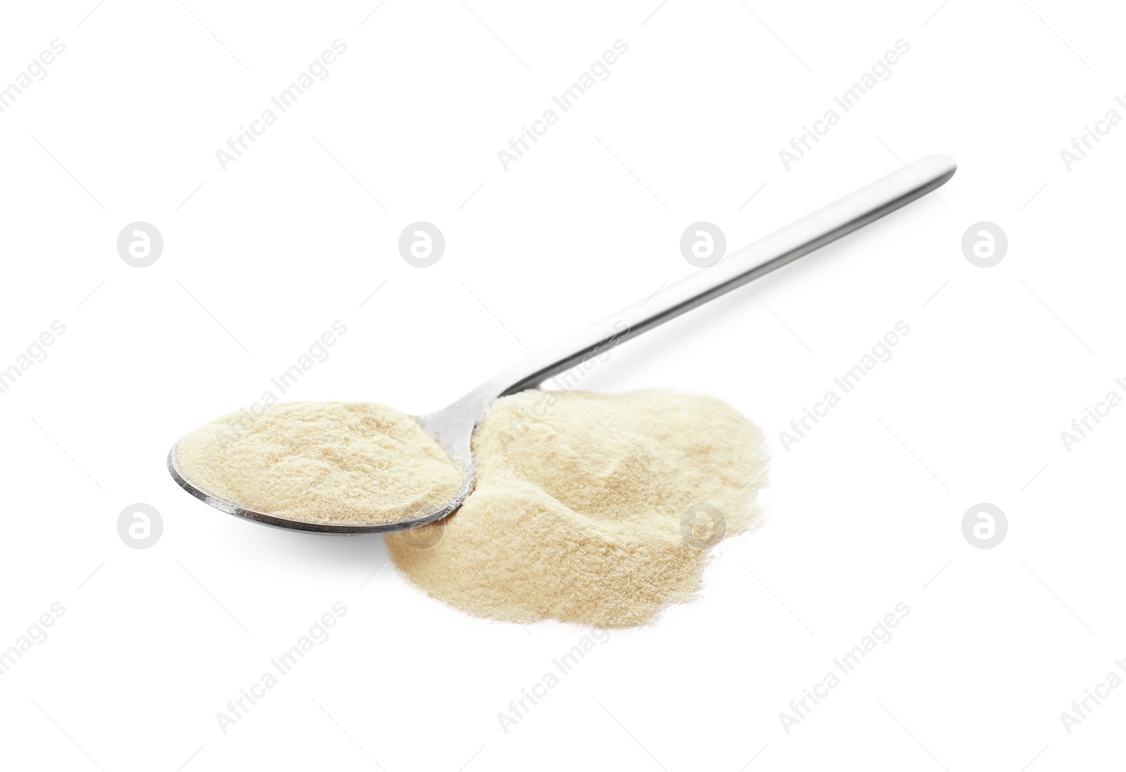 Photo of Spoon and pile of agar-agar powder on white background