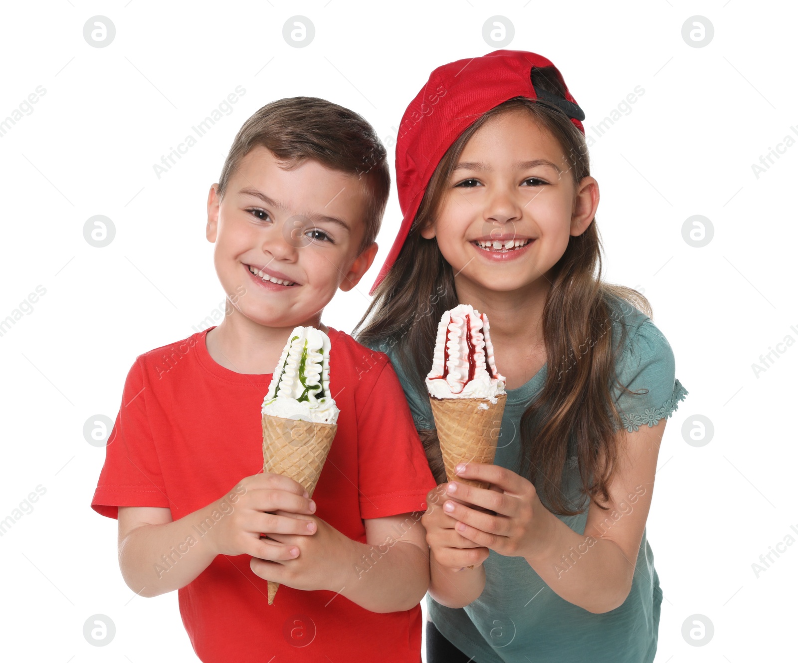 Photo of Cute little children with delicious ice creams on white background