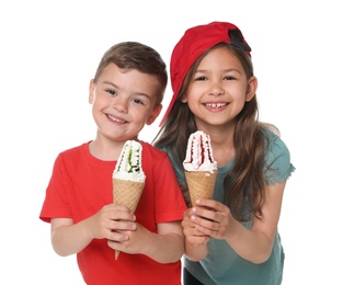 Cute little children with delicious ice creams on white background