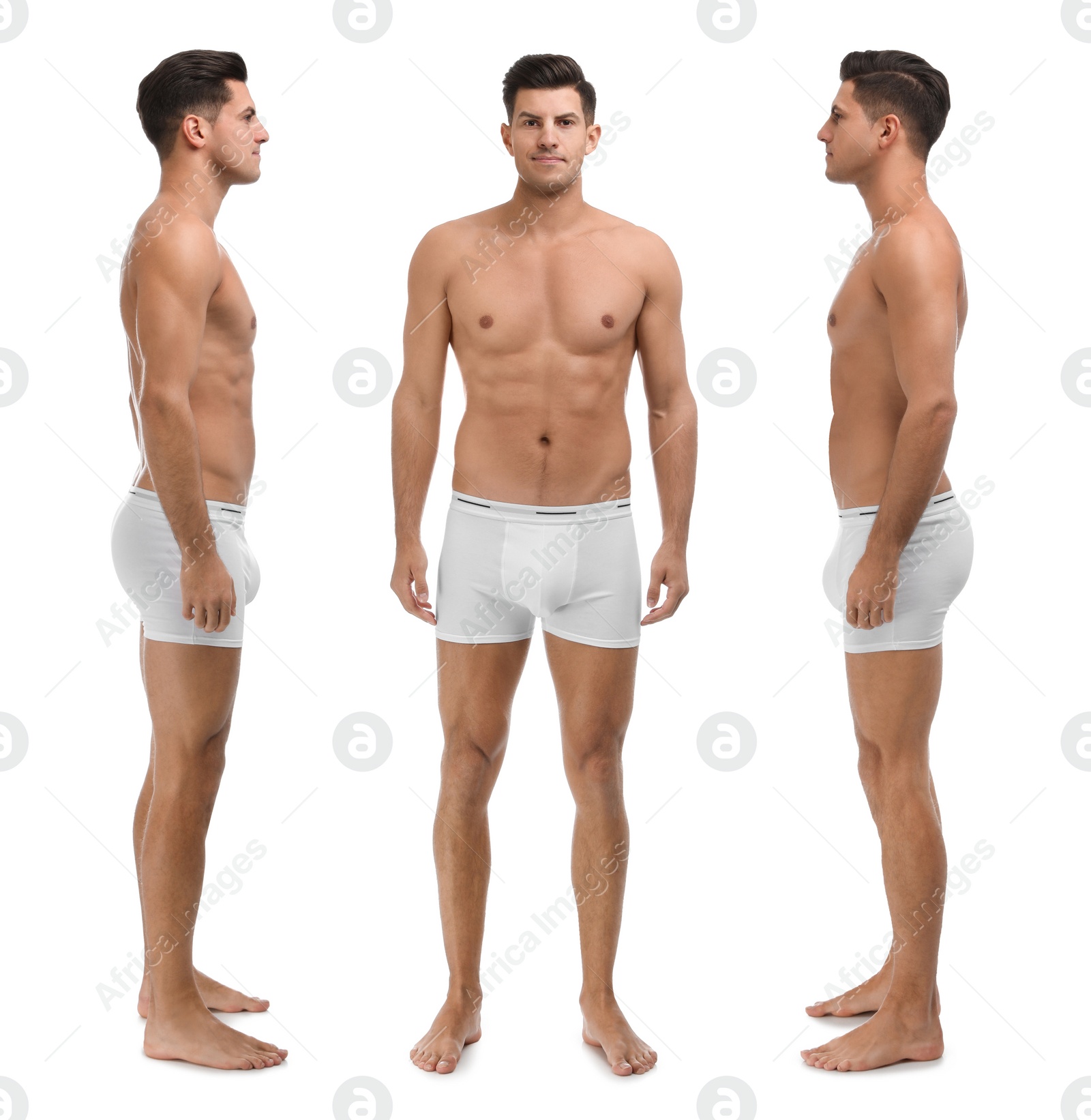 Image of Collage of man in underwear on white background