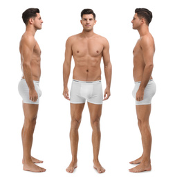 Image of Collage of man in underwear on white background