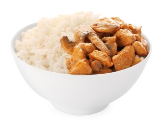 Photo of Bowl of delicious rice with meat and mushrooms isolated on white