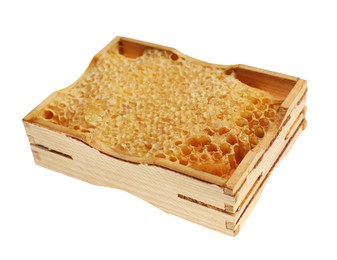 Wooden hive frame with honeycomb isolated on white. Beekeeping