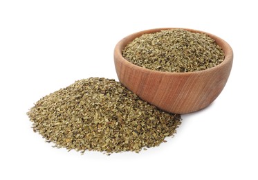 Photo of Wooden bowl with aromatic mate tea on white background