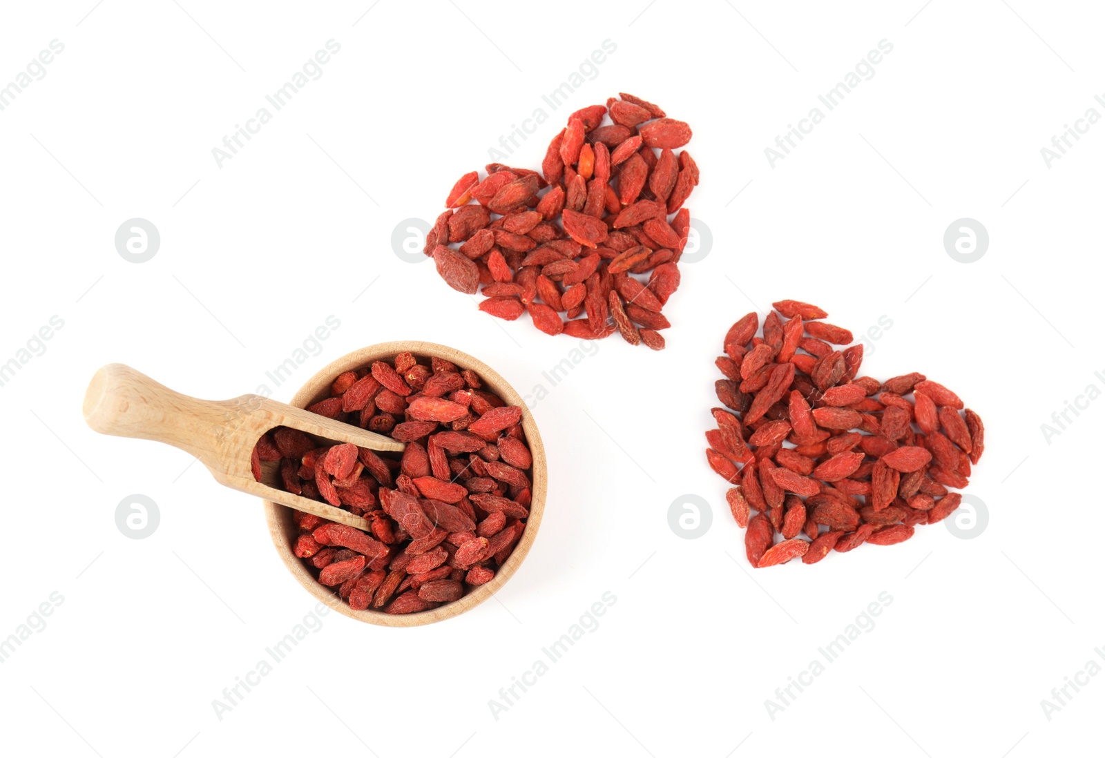 Photo of Composition with bowl, scoop and goji berries on white background, top view