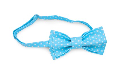 Photo of Stylish light blue bow tie with polka dot pattern on white background