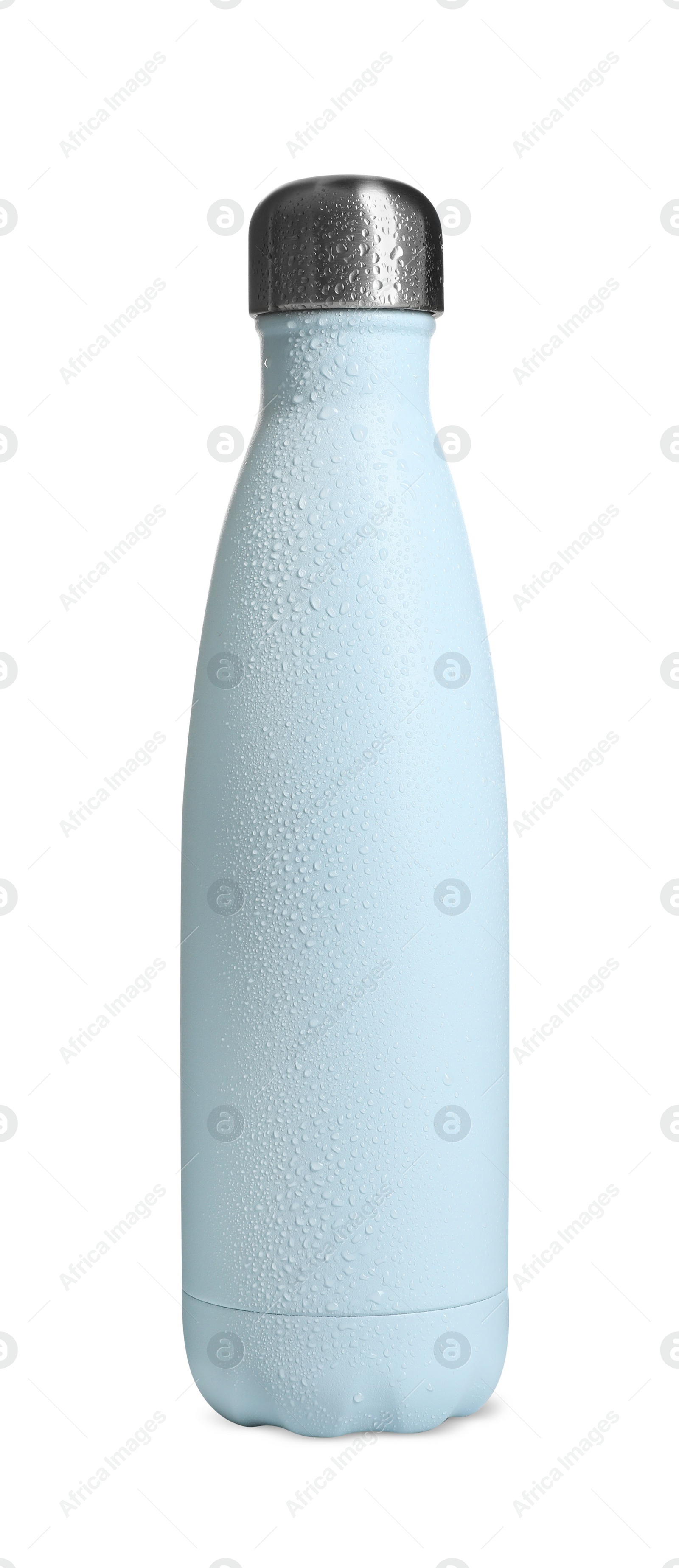 Photo of Stylish closed light blue thermo bottle with water drops isolated on white