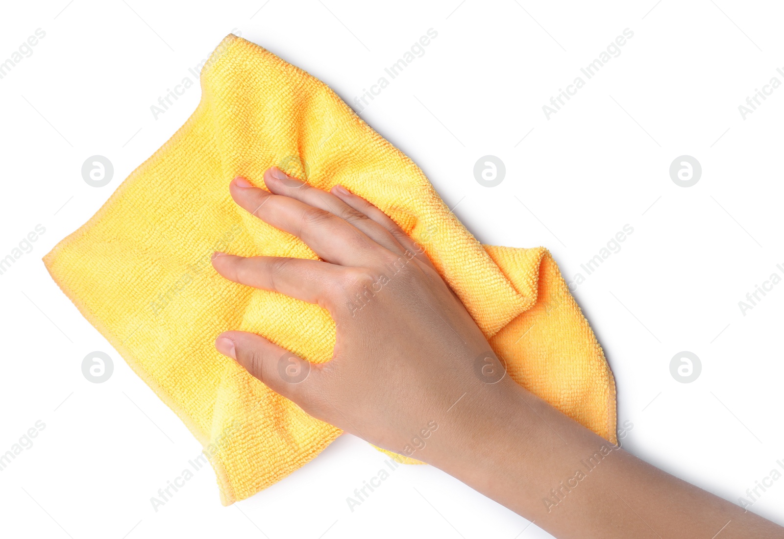 Photo of Woman with microfiber cloth on white background, closeup