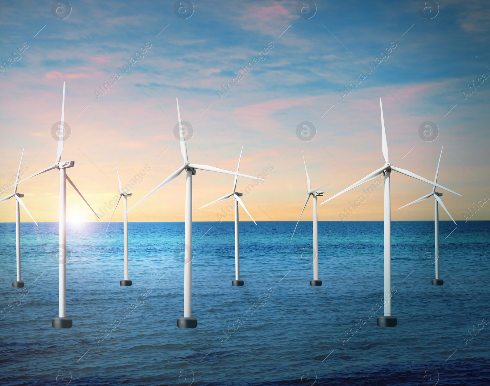 Image of Floating wind turbines installed in sea. Alternative energy source 