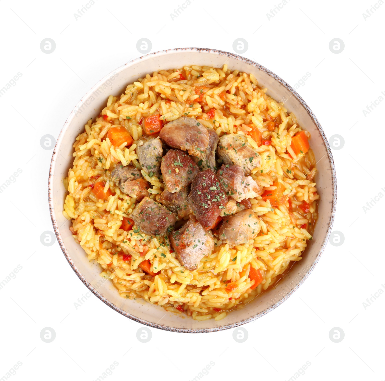 Photo of Delicious pilaf with meat isolated on white, top view