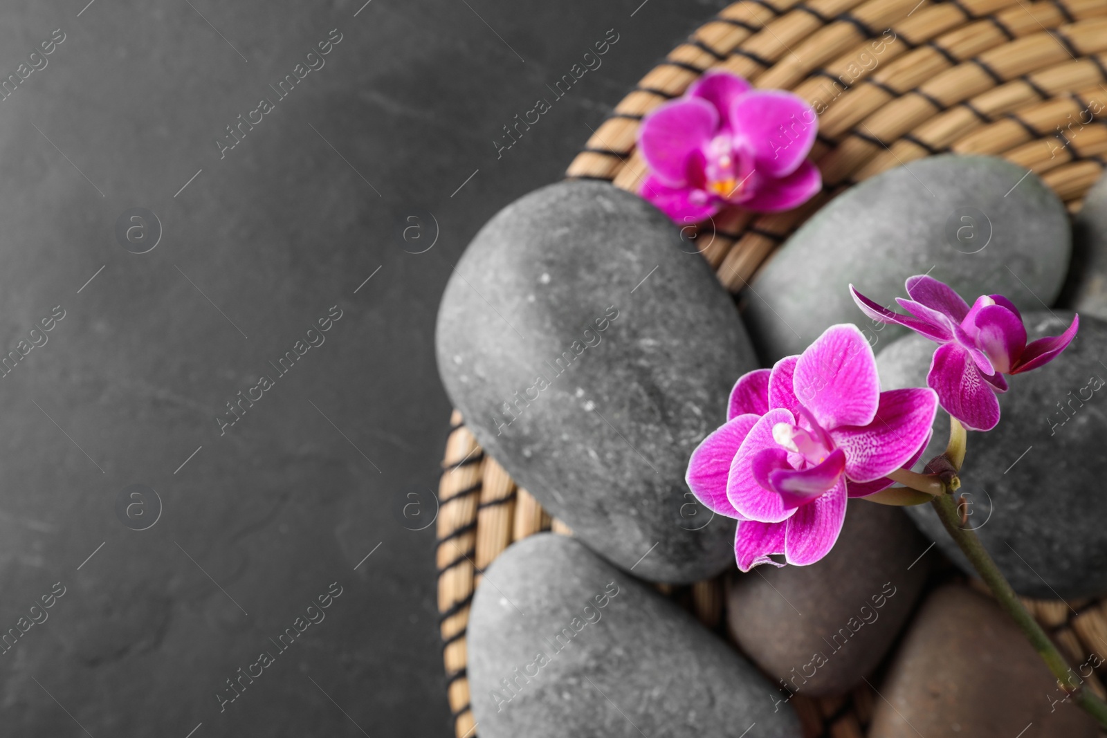 Photo of Flat lay composition with orchid flowers and spa stones on grey table. Space for text