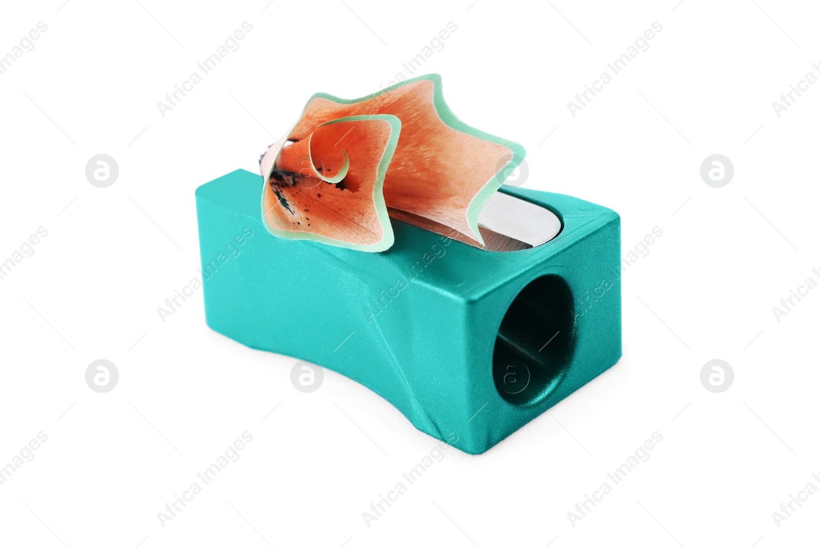Photo of Turquoise sharpener with pencil shavings on white background