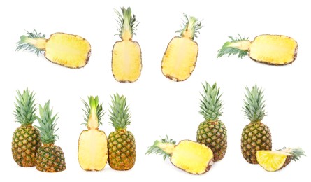 Image of Set with cut and whole pineapples isolated on white