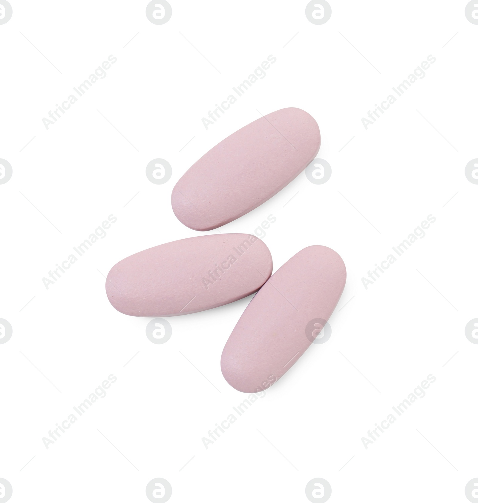 Photo of Vitamin pills isolated on white, top view. Health supplement