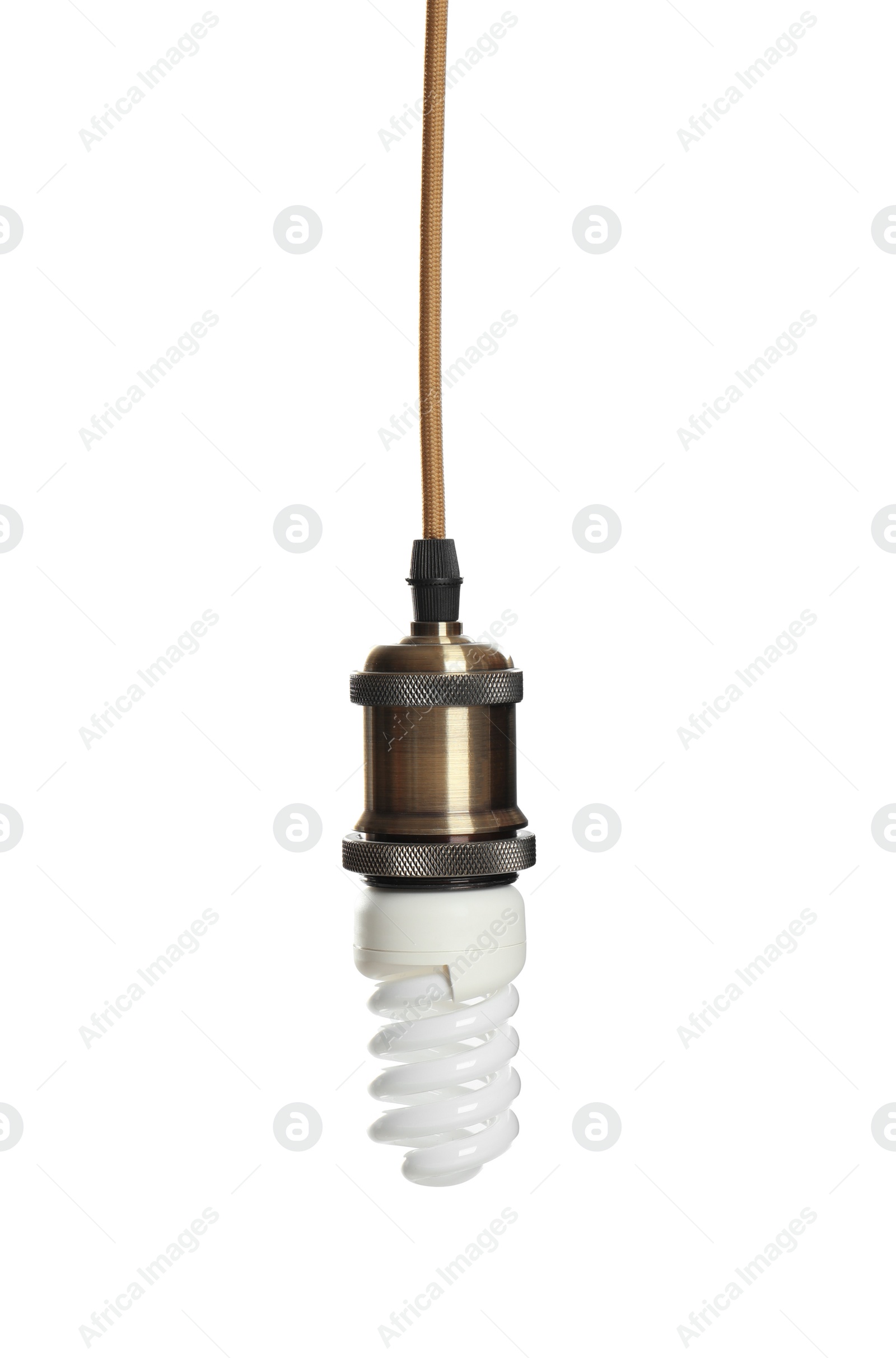 Photo of New spiral light bulb for lamp on white background