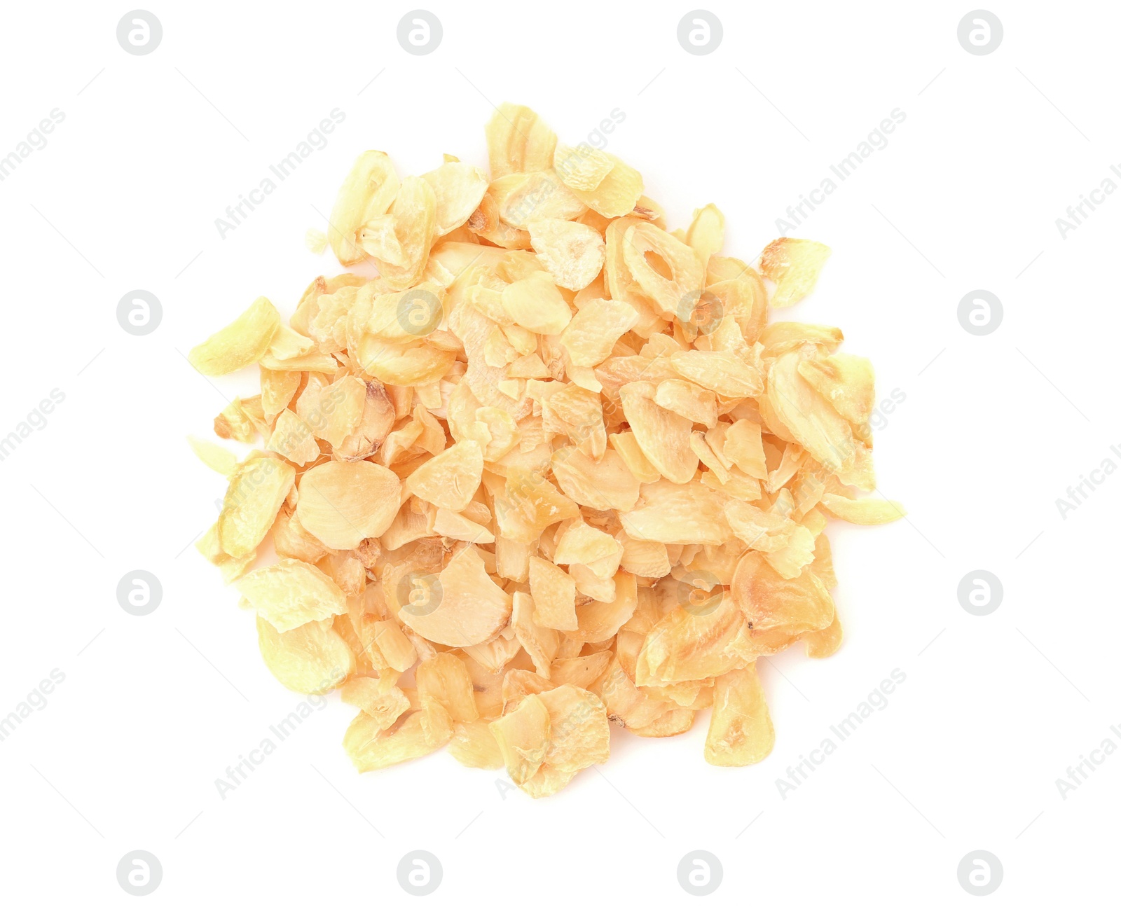 Photo of Dried garlic flakes on white background, top view