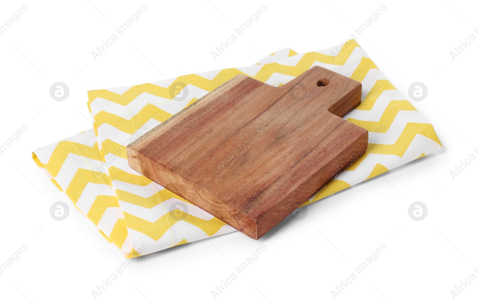 Photo of Wooden cutting board and kitchen towel on white background