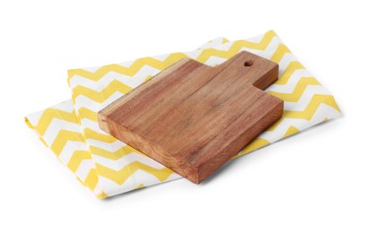 Photo of Wooden cutting board and kitchen towel on white background