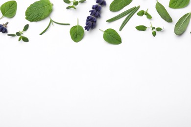 Photo of Many different aromatic herbs on white background, flat lay. Space for text