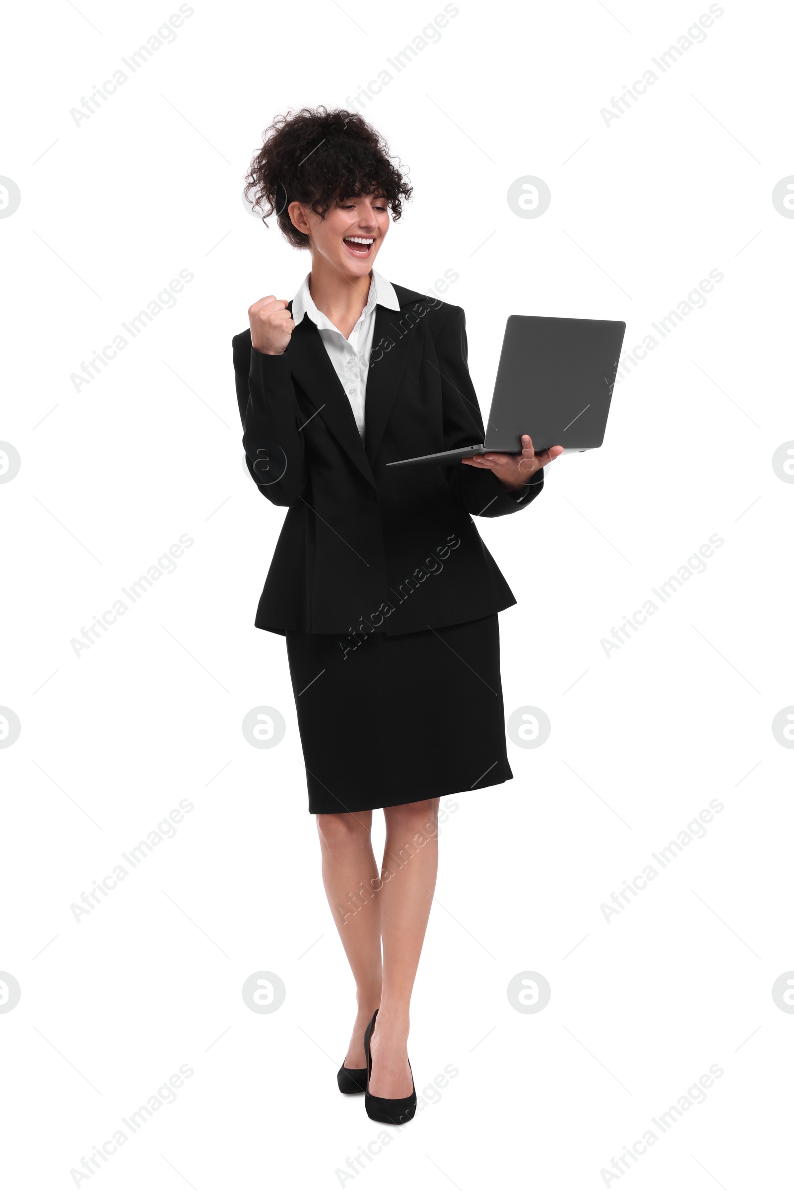 Photo of Beautiful emotional businesswoman using laptop on white background