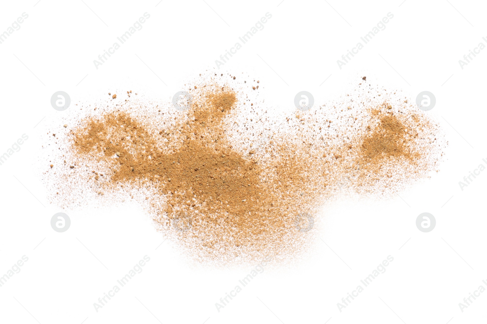 Photo of Pile of brown dust scattered on white background, top view