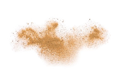 Pile of brown dust scattered on white background, top view