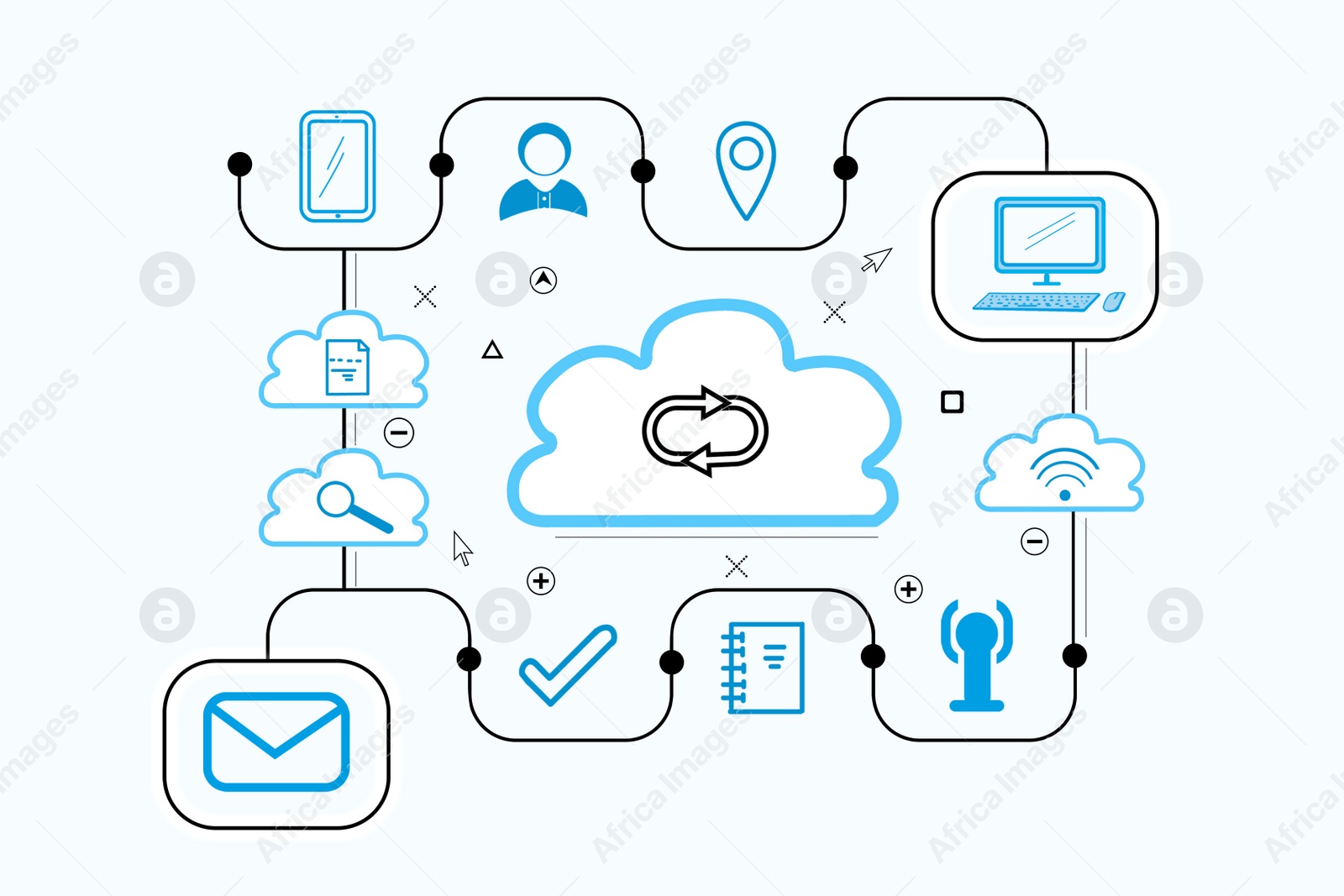 Illustration of  digital cloud with different icons on white background. Modern technology concept 