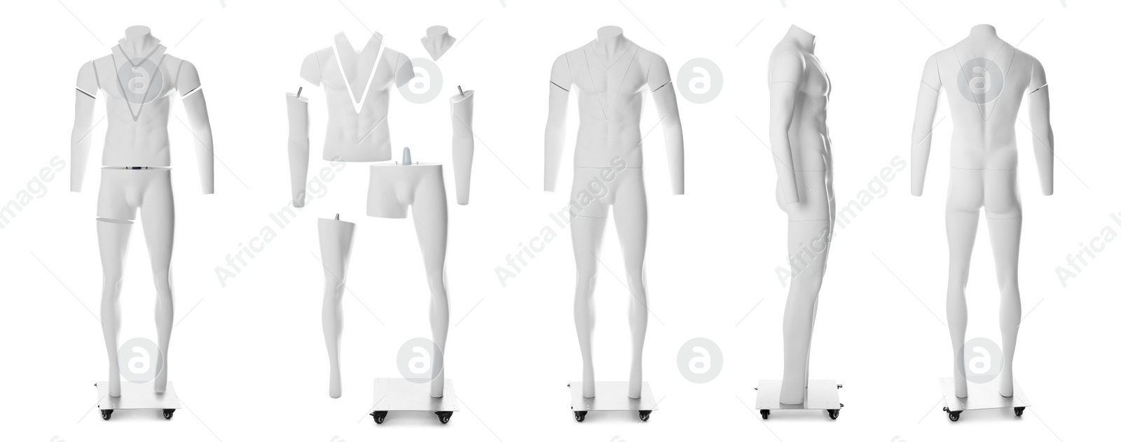 Image of Set of ghost headless mannequins with removable pieces on white background