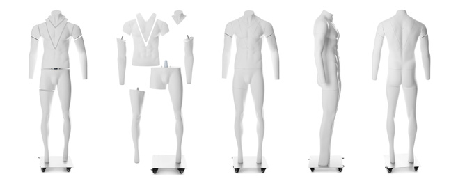 Set of ghost headless mannequins with removable pieces on white background